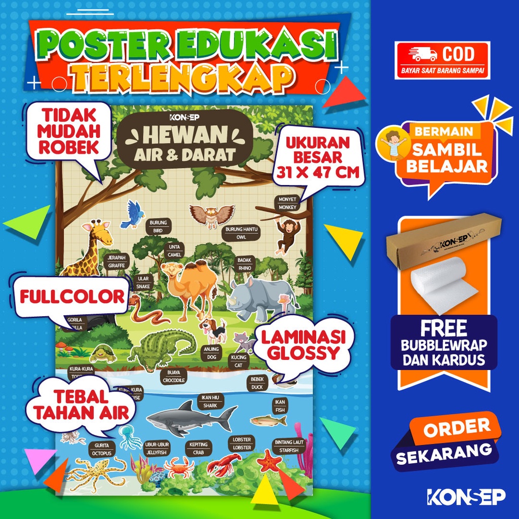 Konsep Poster Edukasi Pendidikan Anak Belajar Hewan Air &amp; Darat Paud Balita TK Toodler SD Laminasi Glossy Tahan Air