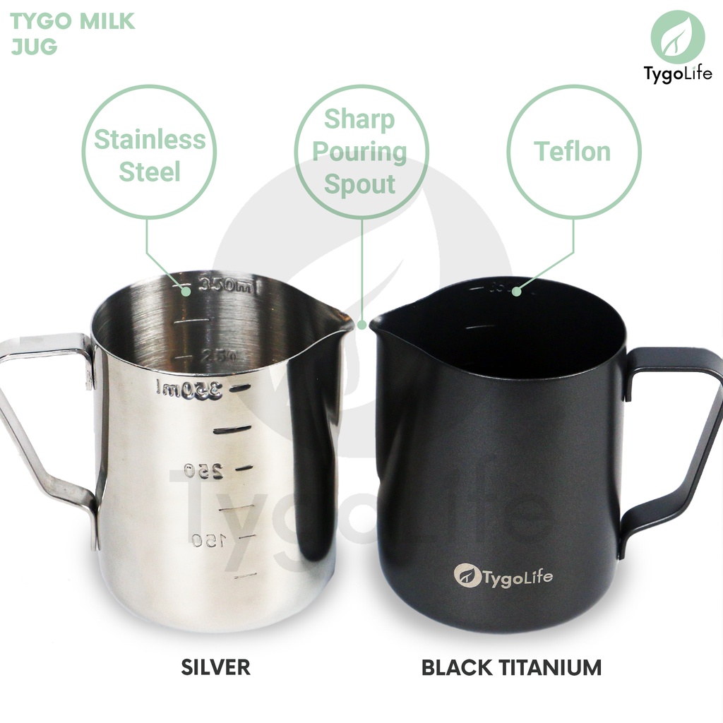 TYGOLIFE MILK JUG BARISTA LATTE ART 350ml 600ml TITANIUM/STAINLESS STEEL DGN SCALE