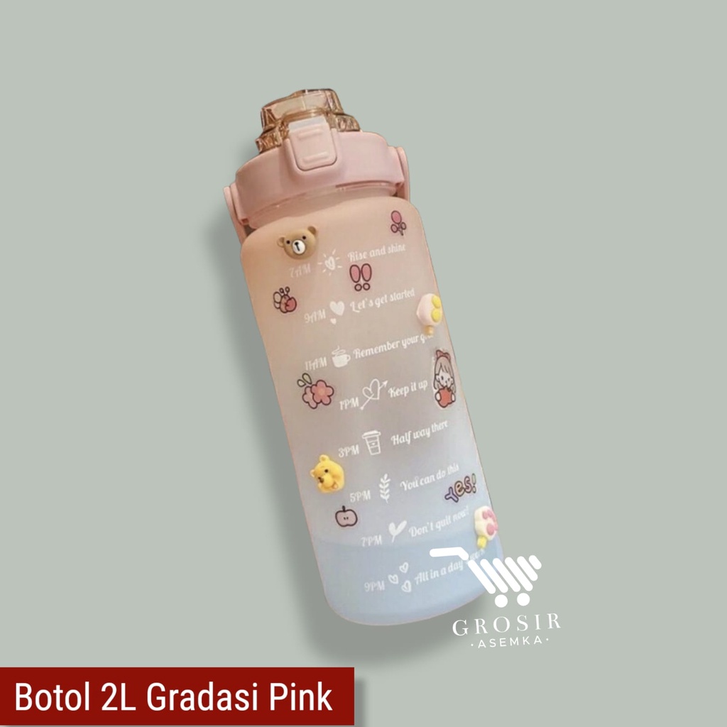 Botol Minum Motivasi 2000 ML 2 Liter Botol Minum Gradasi Sticker 2D &amp; 3D Botol Minum Korea Penanda Waktu Viral