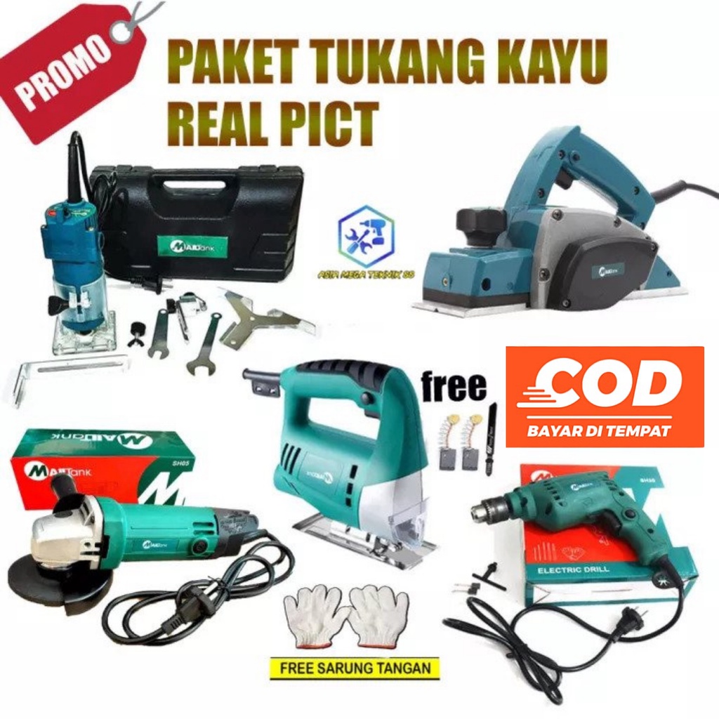 PAKET TUKANG KAYU LENGKAP 5 ITEM MAILTANK MESIN SERUT KAYU / BOR 10MM VARIABLE SPEED / GERINDA / PRO