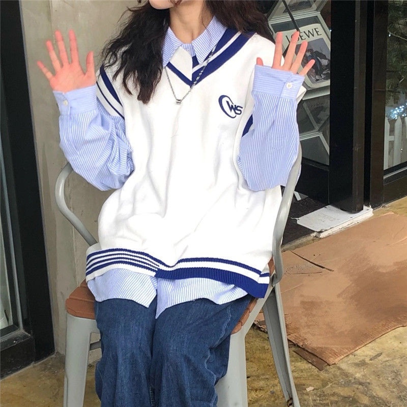 Two piece suit one piece spring stripe shirt +v-neck sweater vest color matching vest schoolgirl T-s