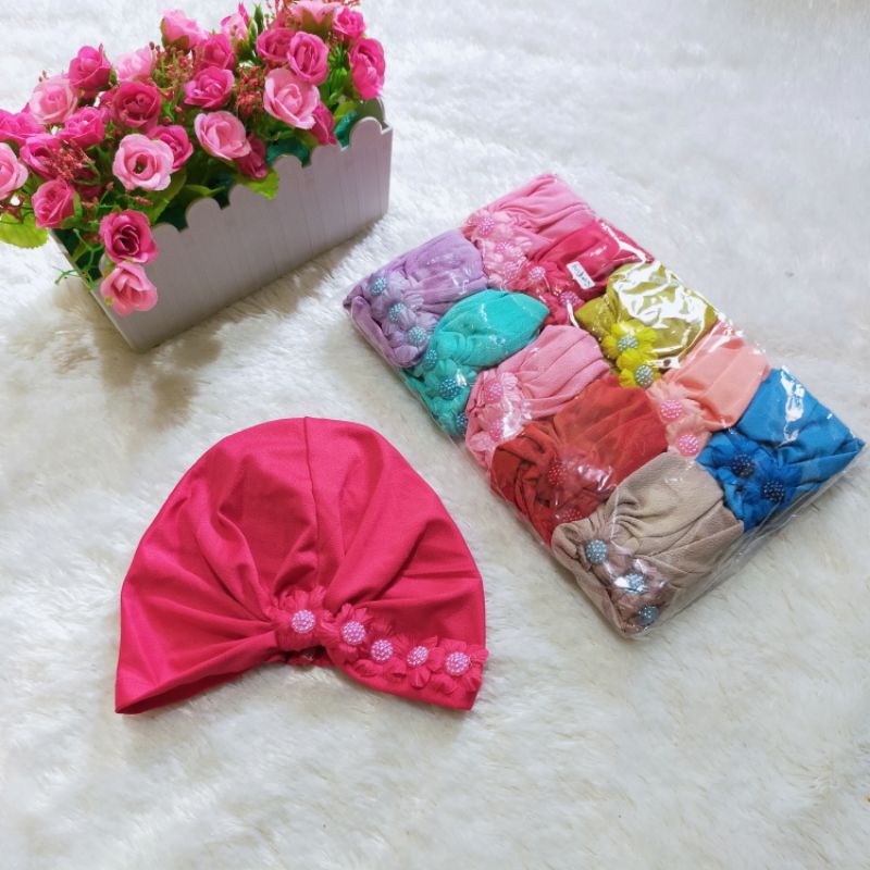 Turban Bayi Bunga Mutiara samping Ciput Anak Lucu Umur 0-3 tahun