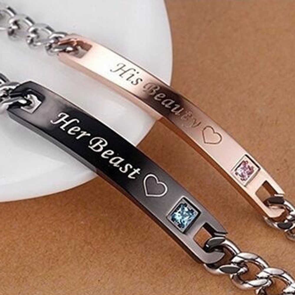 Hu Hu Hu Hu Hu Alat Bantu Pasang Kacamata♡ Gelang Tangan Titanium Steel Motif Tulisan Her Beast King His Beauty Queen Untuk Pasanganpriawanita
