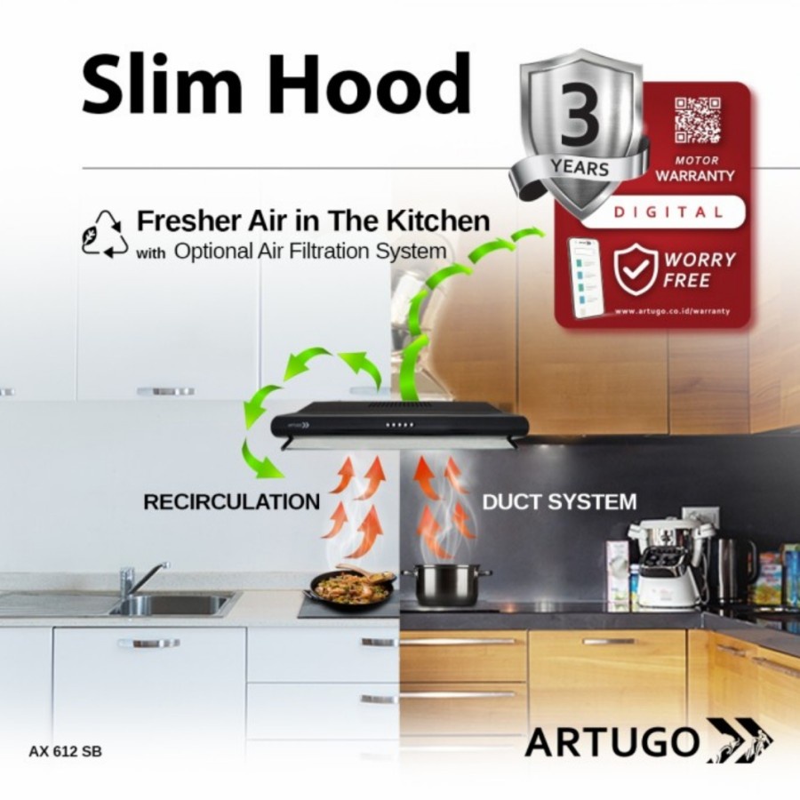 Artugo Slim Cooker Hood/Penghisap Asap Dinding AX 612 SB Panjang 60 cm