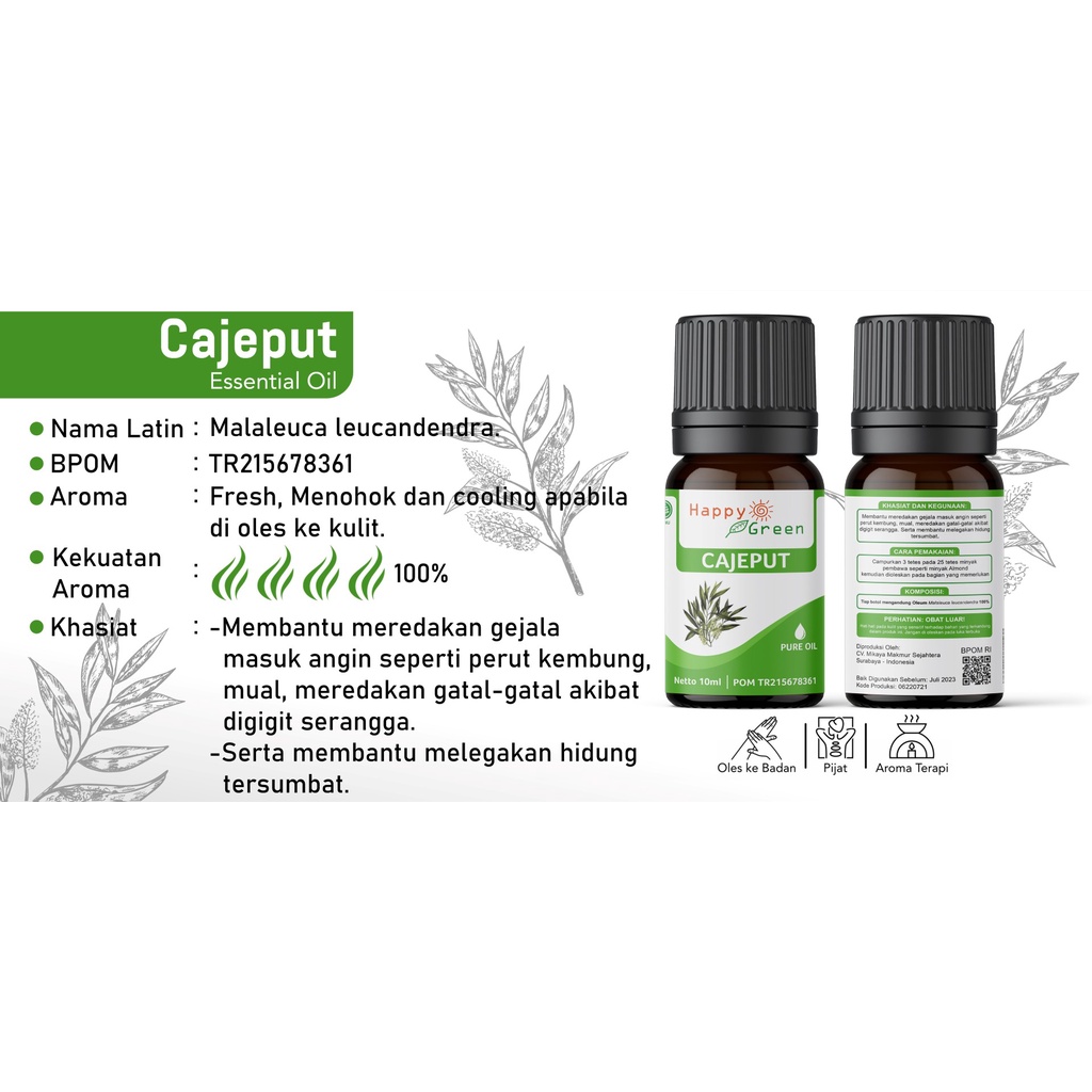 BPOM Happy Green Cajeput Essential Oil - Minyak Kayu Putih Cajuput 100% Murni Garansi Uang Kembali