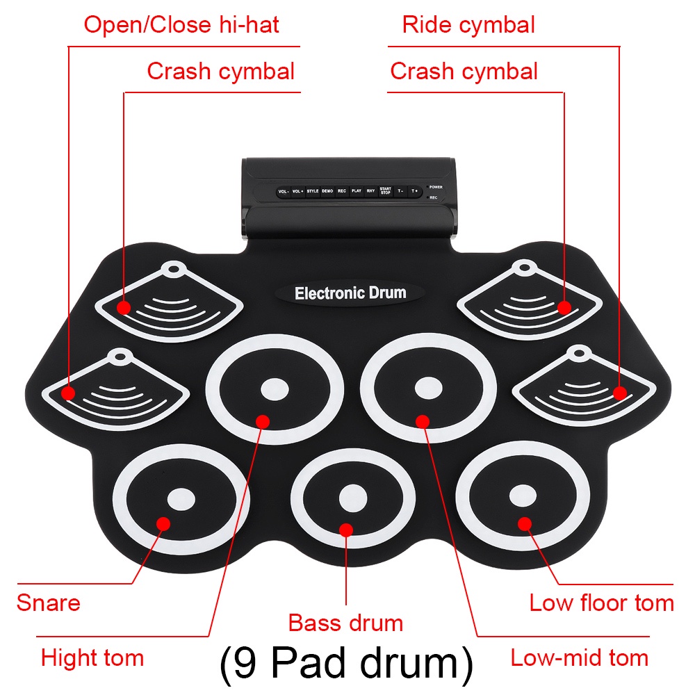 9 Pad Drum Elektrik Bahan Silikon Tebal Dengan 1 Pasang Stik Dan Pedal Sustain