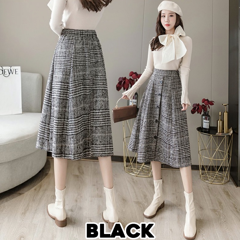 KARAKOREA 7708 Banding Tweed Midi Skirts/Korean Women Skirt/Rok Tweed Kancing