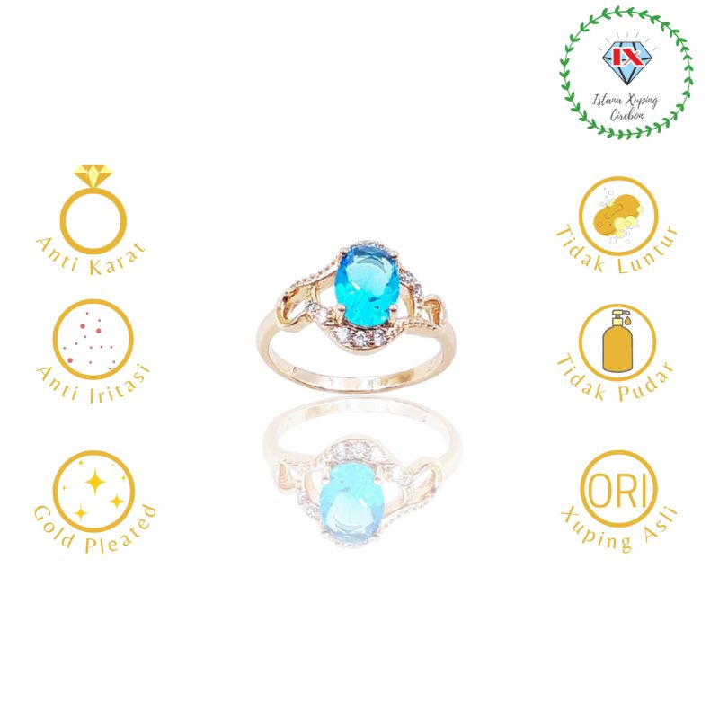 CINCIN XUPING LAPIS EMAS MATA WARNA OVAL MOTIF BIRU GOLD 4