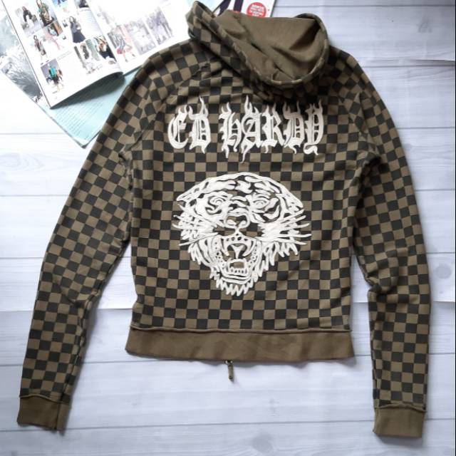 Ed Hardy Checkered Hoodie Zip Jacket Jaket Kotak kotak Second Preloved Original