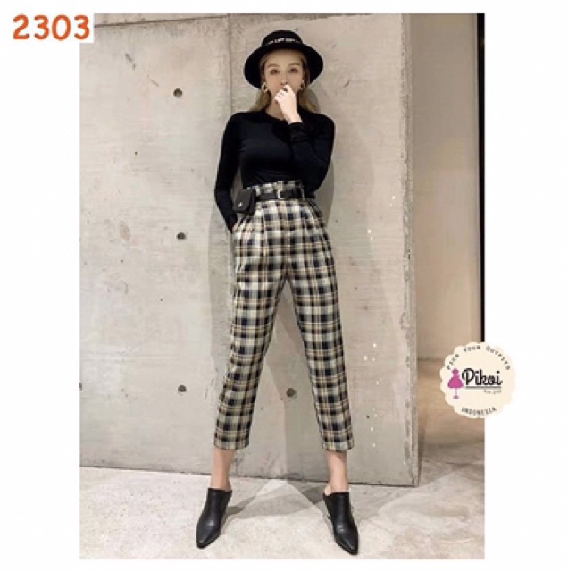 Celana panjang wanita murah / celana flanel wanita / celana highwaist cewek / celana kotak cewe 2303