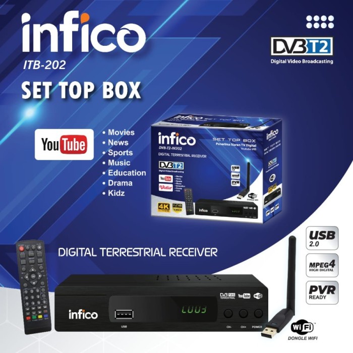 STB TV DIGITAL Infico STB Receiver TV Digital Set Top Box DVB T2 + Wifi / Non Wifi bergaransi terbai