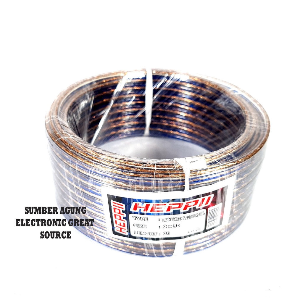 Kabel Transparan 2x50 Merk Heppi Panjang 30 Fleksibel Cable Listrik Audio