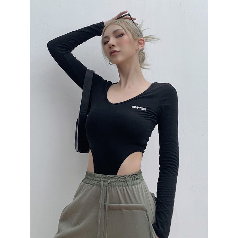 Suhao Eropa dan Amerika Round Neck Legging Setelan Tubuh Musim Gugur dan Musim Dingin Baru Lengan Panjang T-Shirt Solid Warna Pendek Semua-sekitar Black Top Wanita