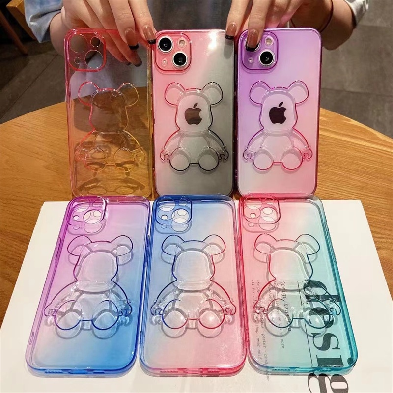 Soft Case Pelindung Motif Beruang Warna Gradasi Transparan Anti Jatuh Untuk Iphone 13 12 11 Pro Max Xs Max Xr 7 8 Plus Se2020