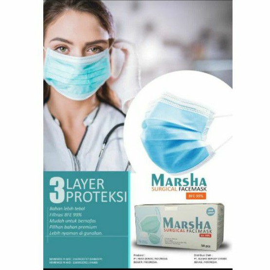 1 box isi 50 pcs Masker Medis Marsha 3 ply Ijin Kemenkes AKD 21603020717