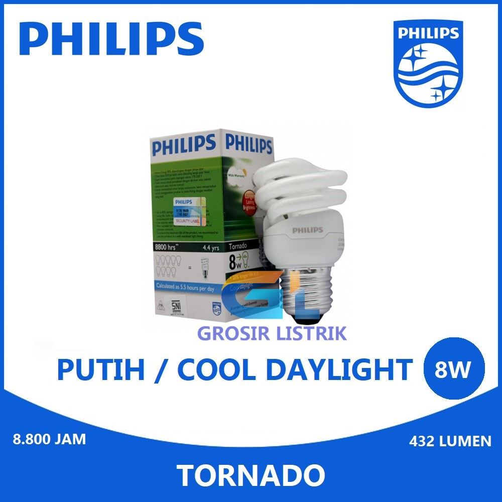 Lampu Philips Tornado 8W Putih Cool Daylight 6500K Spiral 8 Watt W 8Watt Original Grosir