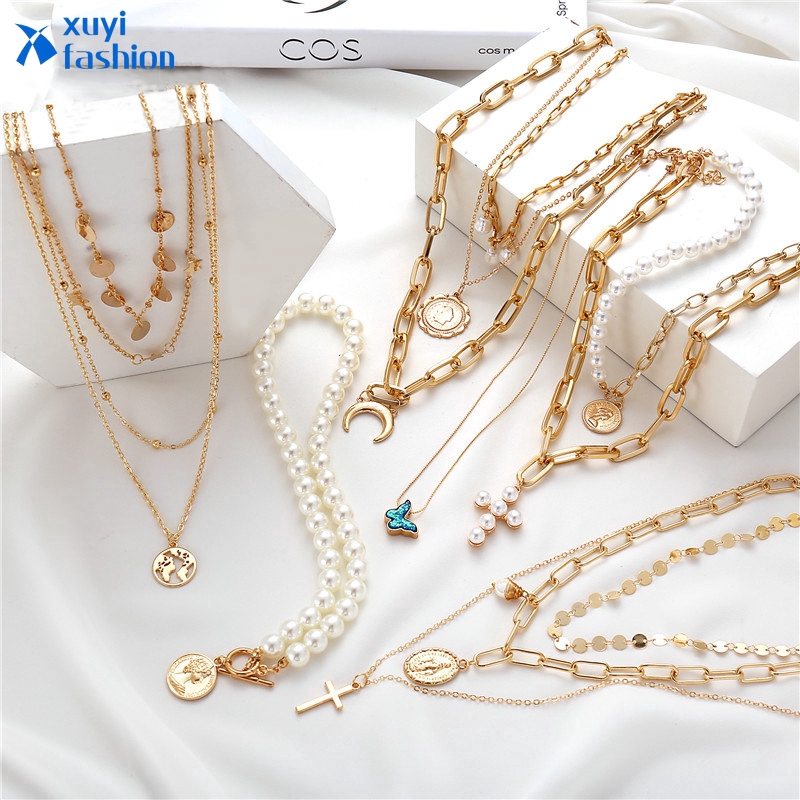 Kalung Choker Rantai Multilayer Warna Emas Aksen Mutiara Gaya Vintage Untuk Wanita