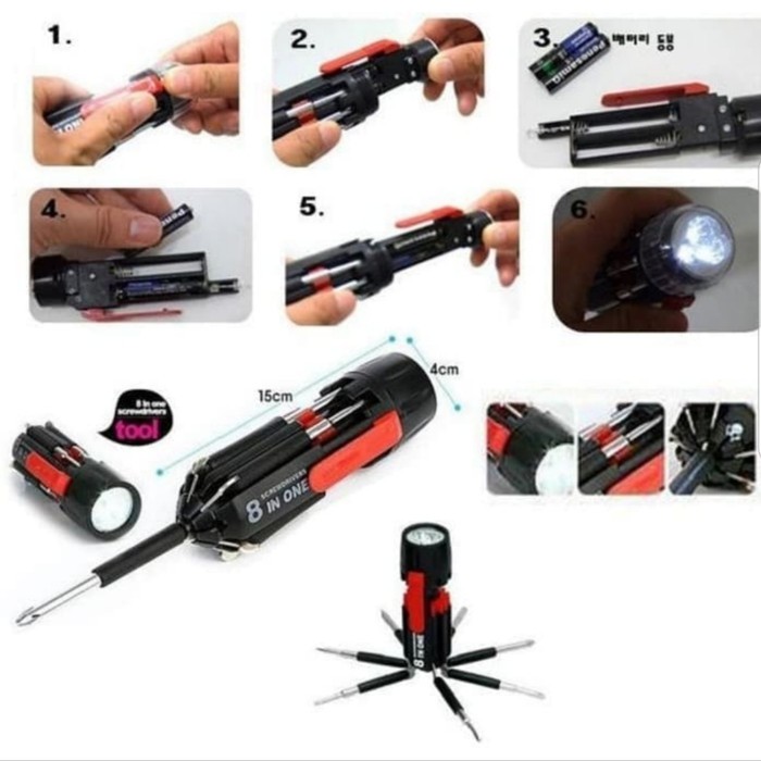 Obeng Multifungis 8 in one Multi-Screwdriver Torch Obeng Flashlight