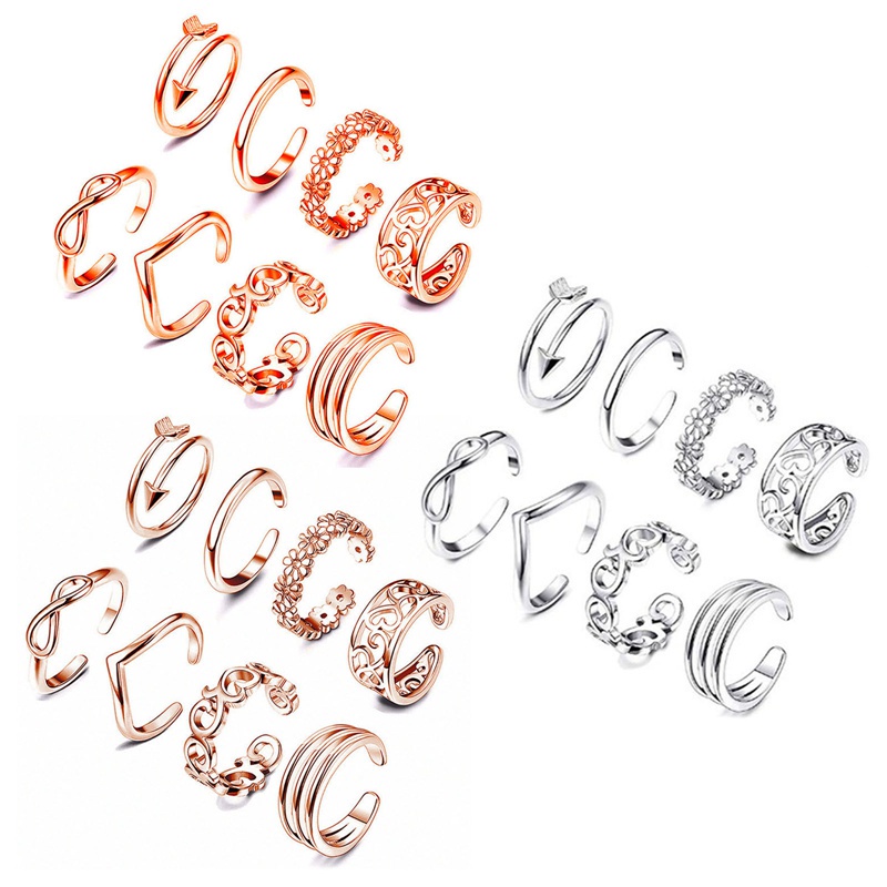 Fancyqube 8pcs / Set Cincin Jari Kaki Model Terbuka Dapat Disesuaikan Desain Hati Untuk Wanita