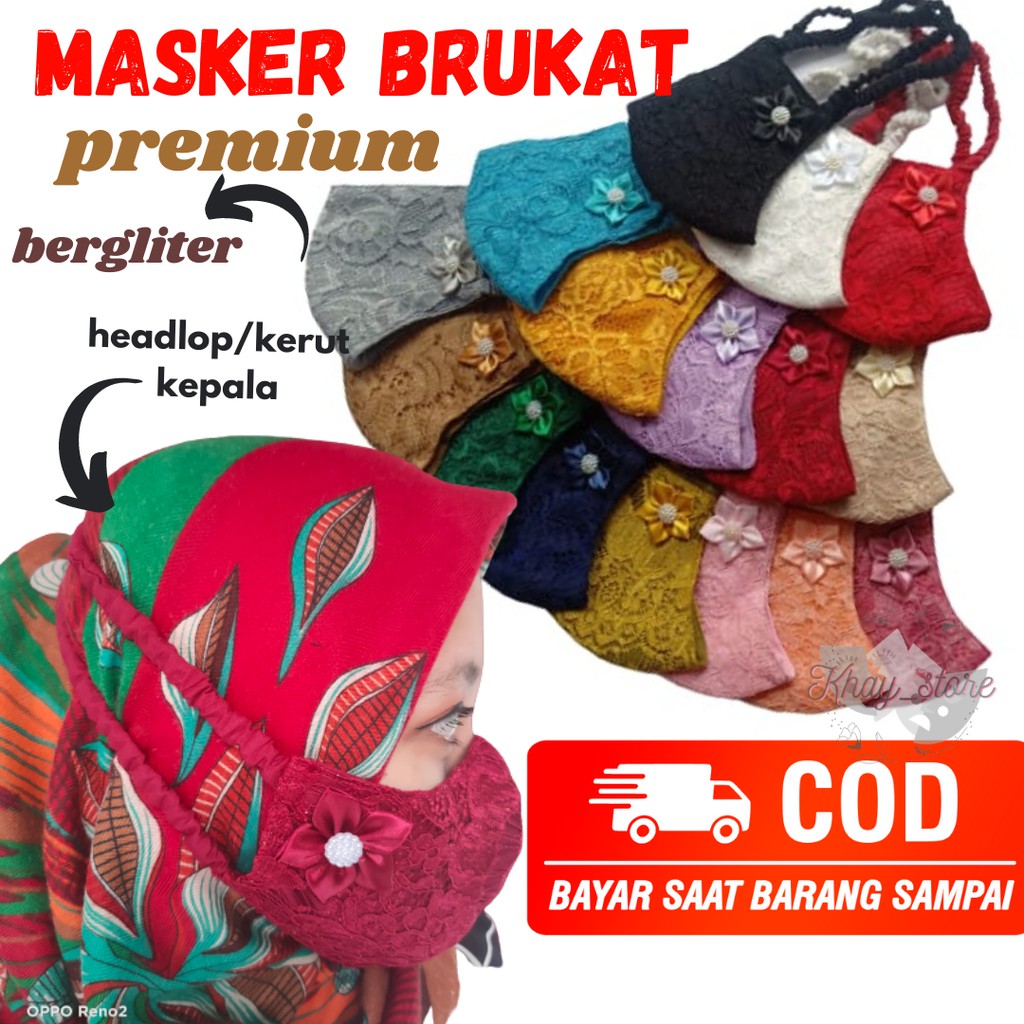Masker brukat, headlop/hijab, 3ply, masker brokat, masker pesta, masker mewah, masker brokat murah
