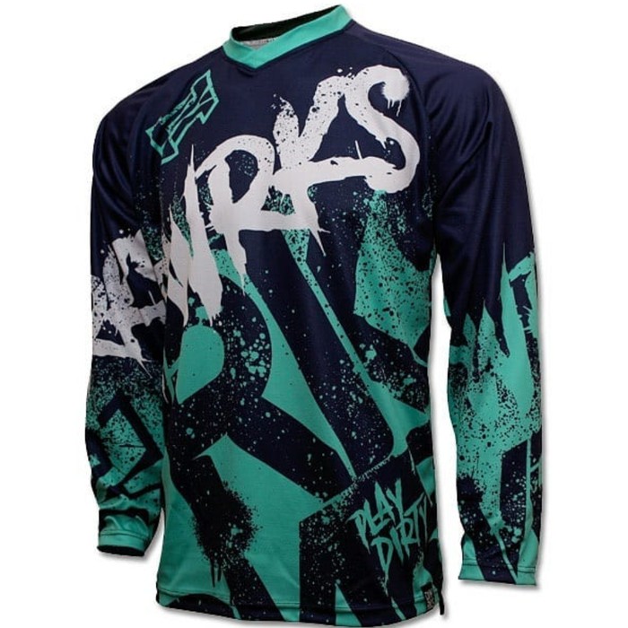 Ka Jersey Dirtworks Spray Navy Turquoise Jersey Sepeda Jersey MTB