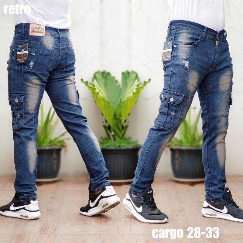 Celana Cargo Jeans Panjang Pria Skiny Kargo Cowok Slim Fit Kantong Samping Navi Bioblit Rentro Original Size 28 Sampai 33 JU47