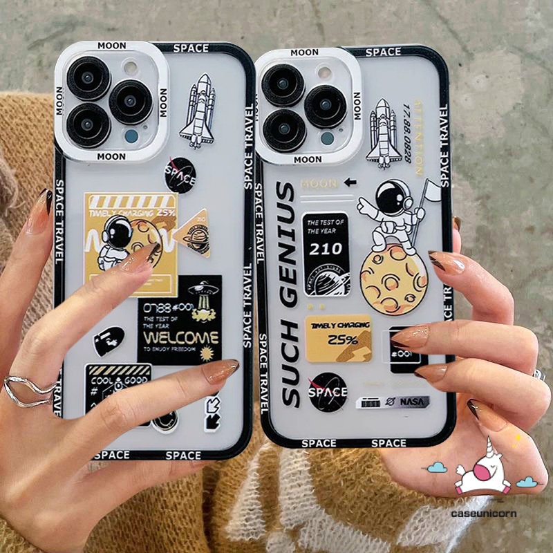 IPHONE Trendy Merek NASA Astronot Luar Angkasa Soft Phone Case Kompatibel Untuk Iphone14 11 13 12 Pro MAX 6 6S 78 Plus X XS MAX SE 2020transparan Bening Perlindungan Lensa Back Cover