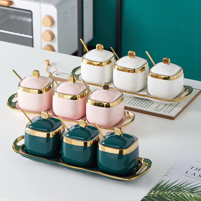 tempat bumbu dapur/ keramik lis emas dengan box