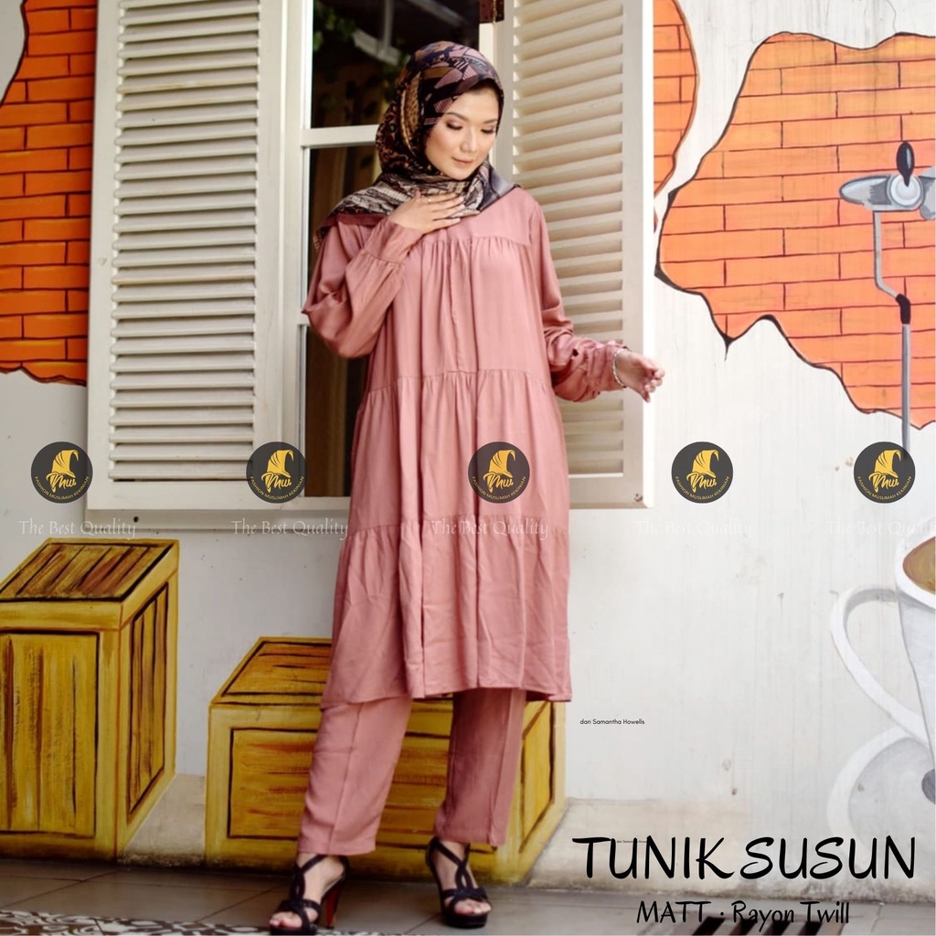 MAWADDAH Oneset tunik rempel susun polos bahan rayon twil premium terbaru (Tunik susun)