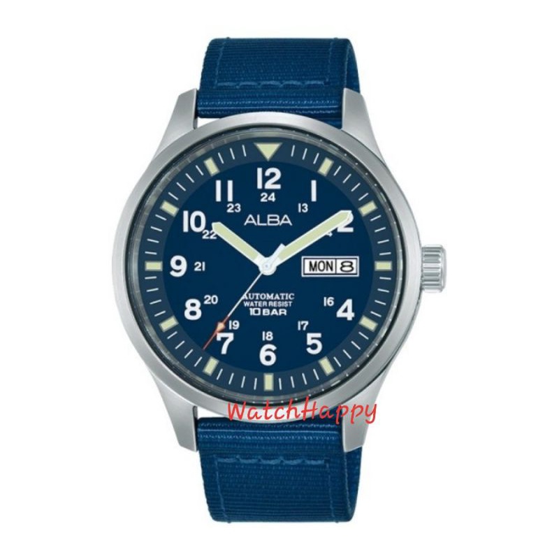 WatchHappy Alba AL4219X1 Automatic Blue Dial Day Date Case Stainless AL4219 Nylon 100% Original
