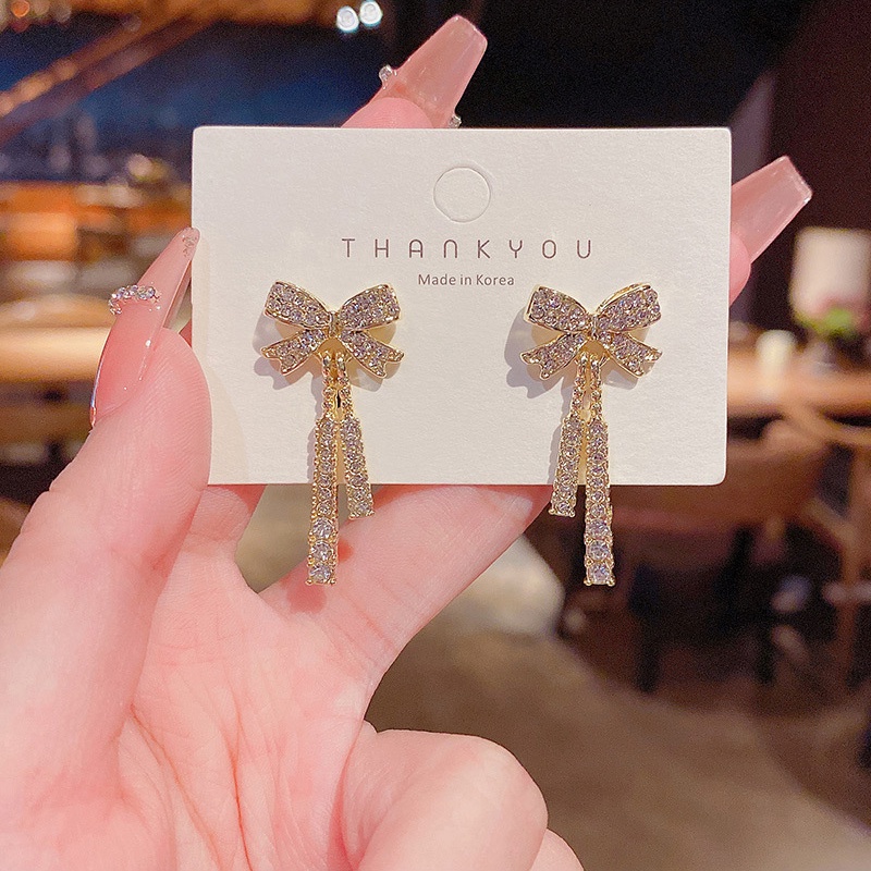 Anting Tusuk Gantung Sterling silver 925 Desain Pita + Rumbai Hias Berlian Untuk Wanita