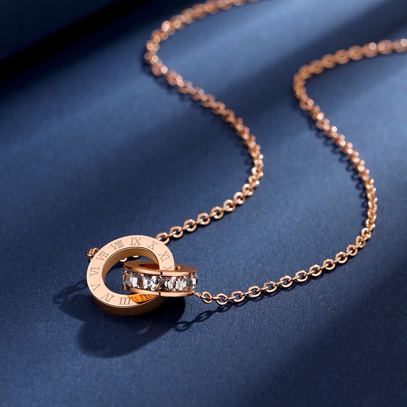 Kalung Model Cincin Ganda,Bahan Titanium Steel,Tidak Pudar Dan Alergi,Rose Gold