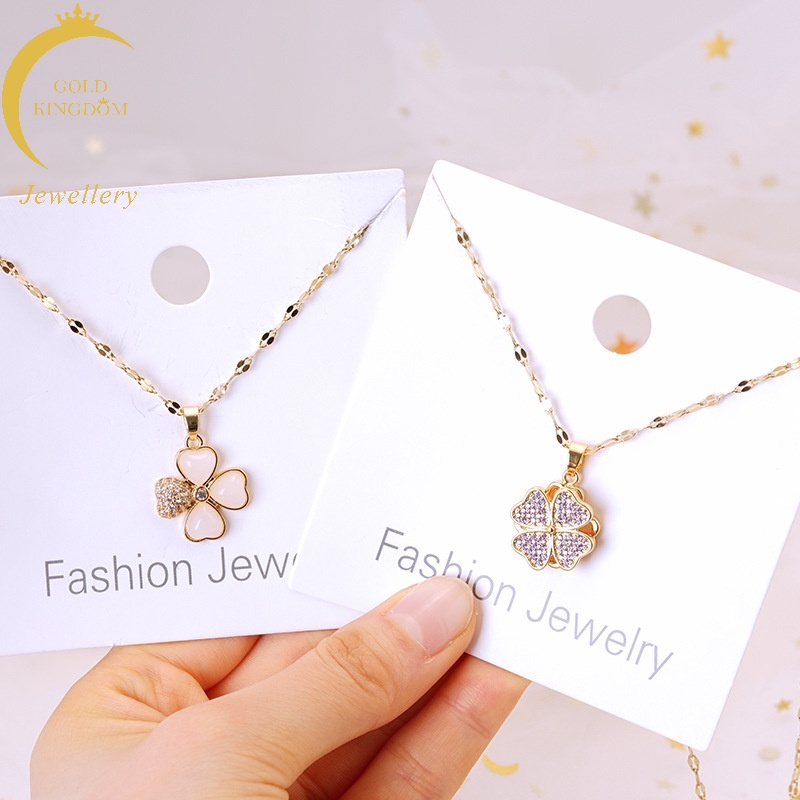 Kalung Emas Emas Asli Kadar 375 Dengan Liontin Daun Clover Hias Berlian Untuk Wanita