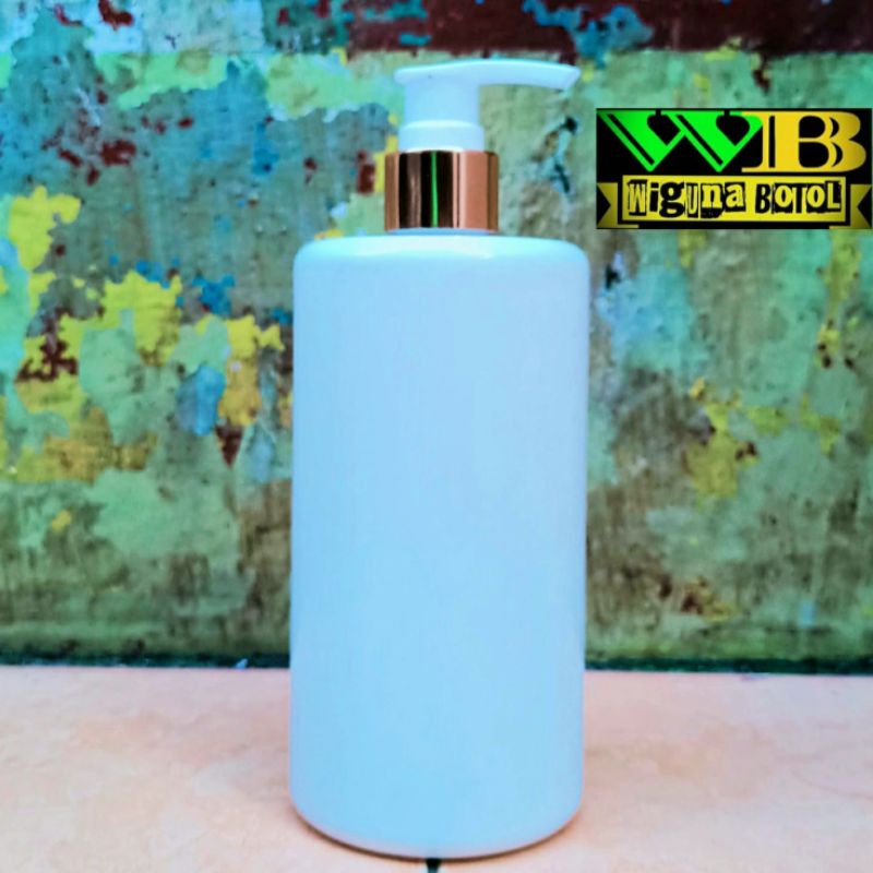 Botol Pump 500ml Putih / Botol PET 500ML putih Tutup Pump Lotion Ring Alumunium gold