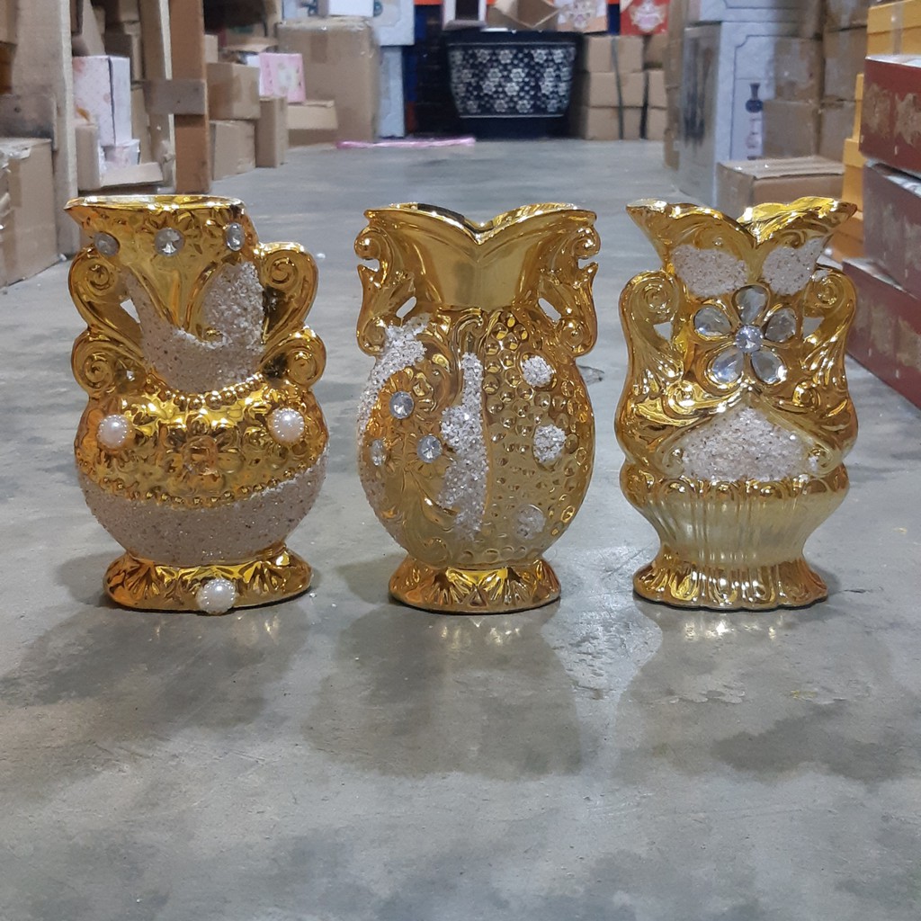 Guci set 3 wana gold, Jual pajangan keramik import, Jual pajangan lemari kaca, Hiasan keramik