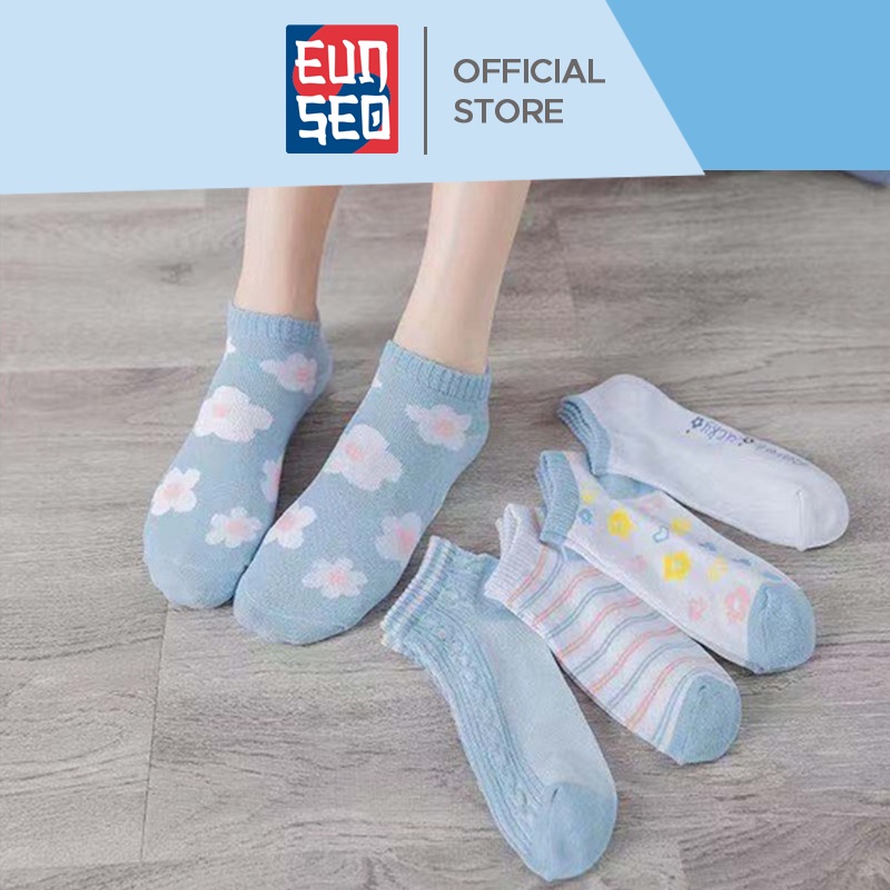 Kaos Kaki Pendek Wanita Ankle Cute Motif Bunga Biru Kaus Kaki Fashion Korea Import Quality EUNSEO