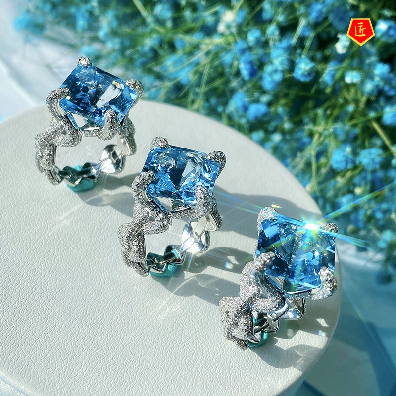 [Ready Stock]Charming Luxury Inlaid Natural Aquamarine Topaz Ring Women