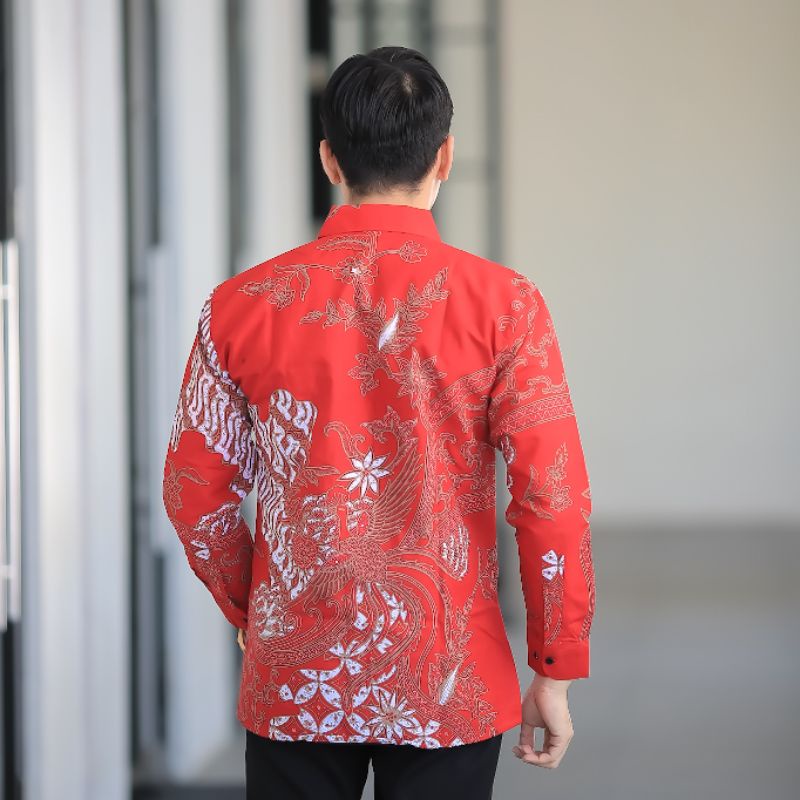 BATIK BOLO DEWO Motif Peksi SELING Merah Hem Atasan Kemeja Baju Batik Pria Lengan Panjang