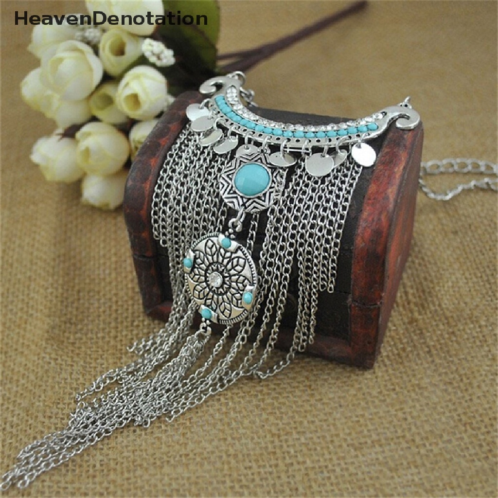 Kalung Rantai Panjang Liontin Rumbai Turquoise Gaya Retro Bohemian Gipsi