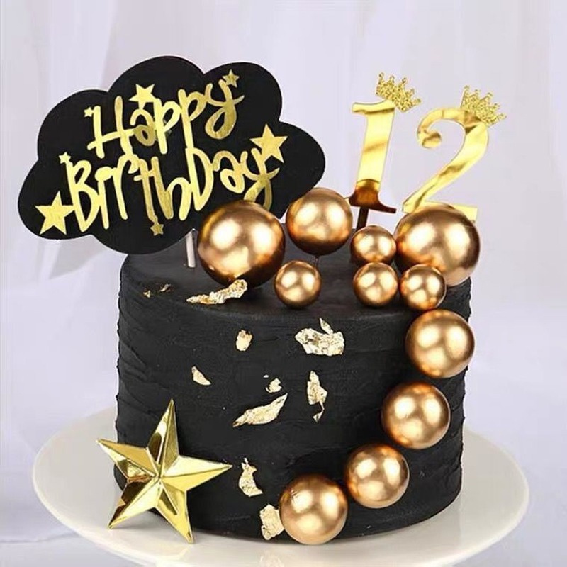 5Pcs/Topper cake happy birthday Bentuk Bola Warna Emas / Silver Untuk topper Kue Dekorasi -PD