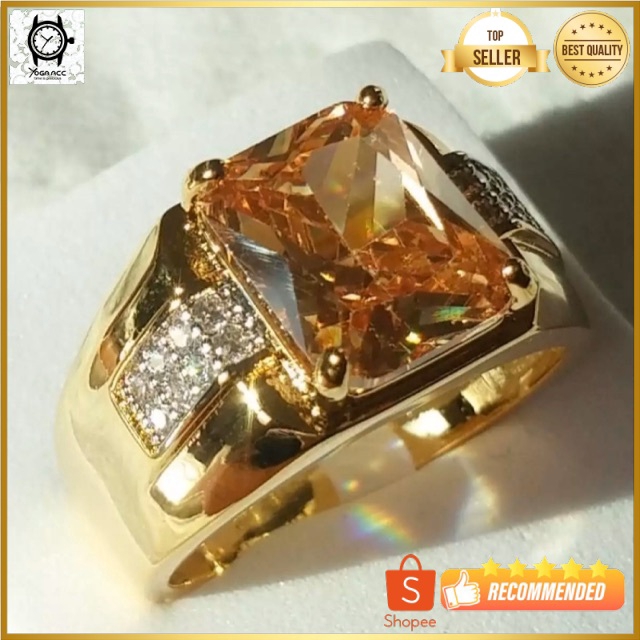 Cincin Casual Mewah Batu Kecubung Teh Champagne Smoky Quartz Mewah Minimalis Ring 18K Gold Filled