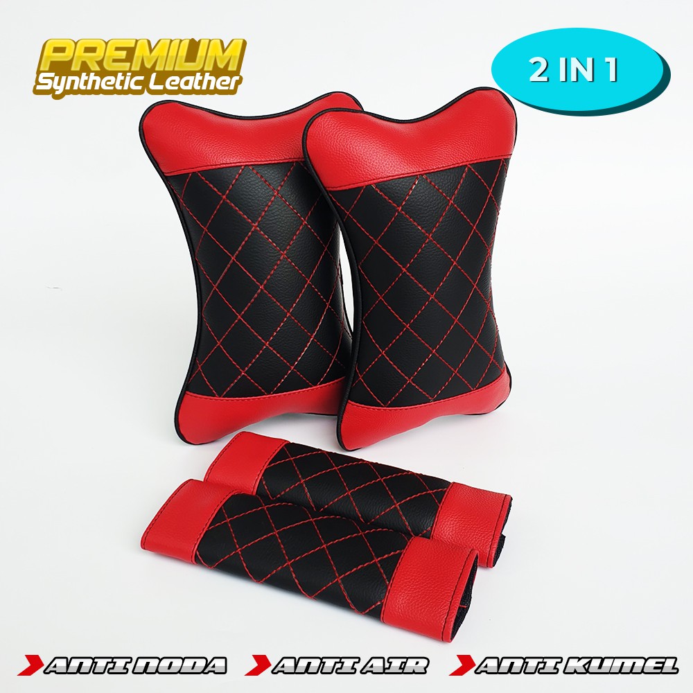 Set Bantal Mobil Kulit Sintetis Bonus Cover Seat Belt