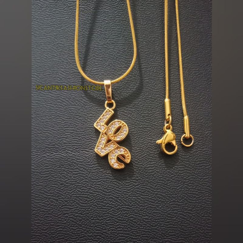 Promo kalung Titanium plus liontin love permata fashion wanita terlaris perhiasan wanita lapis emas