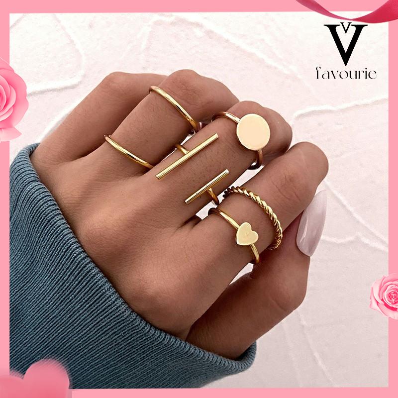 [COD]6 pcs Retro Cincin Cinta Kreatif Gaya Keren Paduan Geometris Bersama Cincin Set-FA