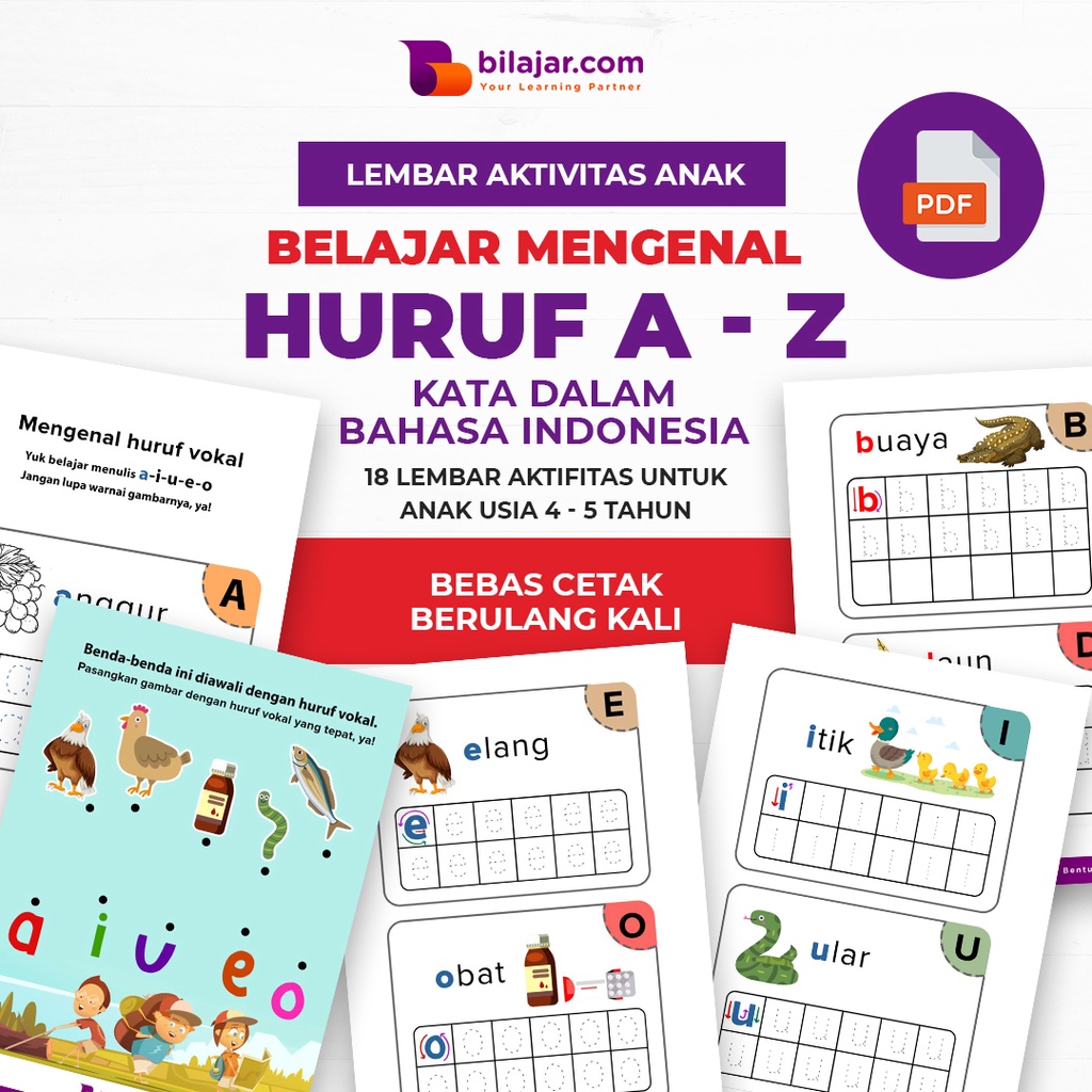 

[PDF FILE] Belajar Menulis Huruf A-Z Kata Bahasa Indonesia, Printable Lembar Kerja Anak Usia 3-5th, 18 Halaman