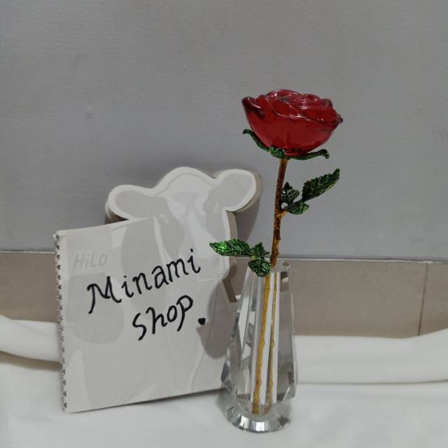 Bunga kristal crystal rose red vas kaca impor hadiah valentine gift