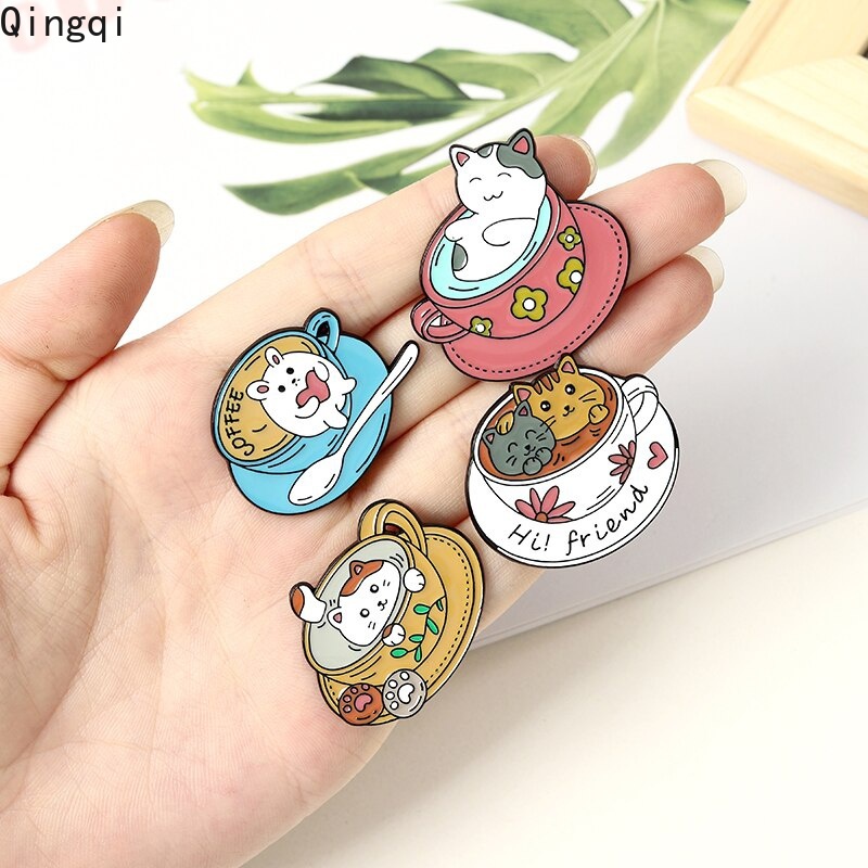 Bros Pin Enamel Bentuk Kartun Kucing Cangkir Kopi Untuk Hadiah