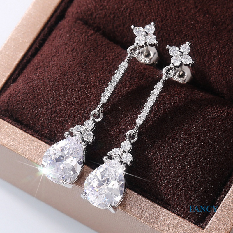 Anting Tusuk Gantung Wanita Hias Kristal Cubic Zirconia Warna Silver Untuk Pernikahan