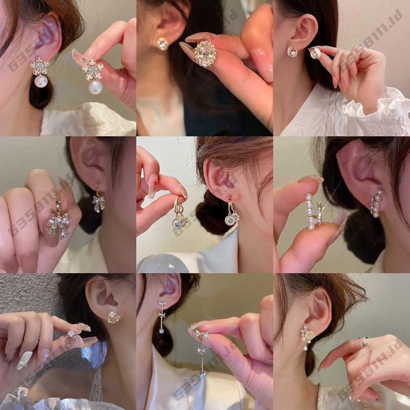 Anting-anting bunga fashion wanita Korea high-end berlian busur anting mutiara