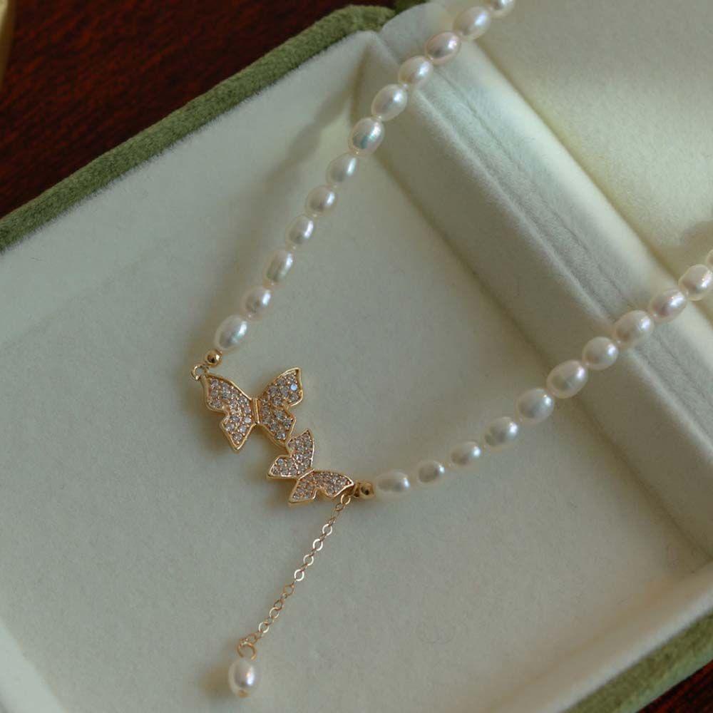 Agustina Wanita Kalung Pendek Elegan Temperamen Gadis Hadiah Pesta Perhiasan Mutiara Imitasi Berlian Imitasi Kupu-Kupu Butterfly Klavikula Rantai